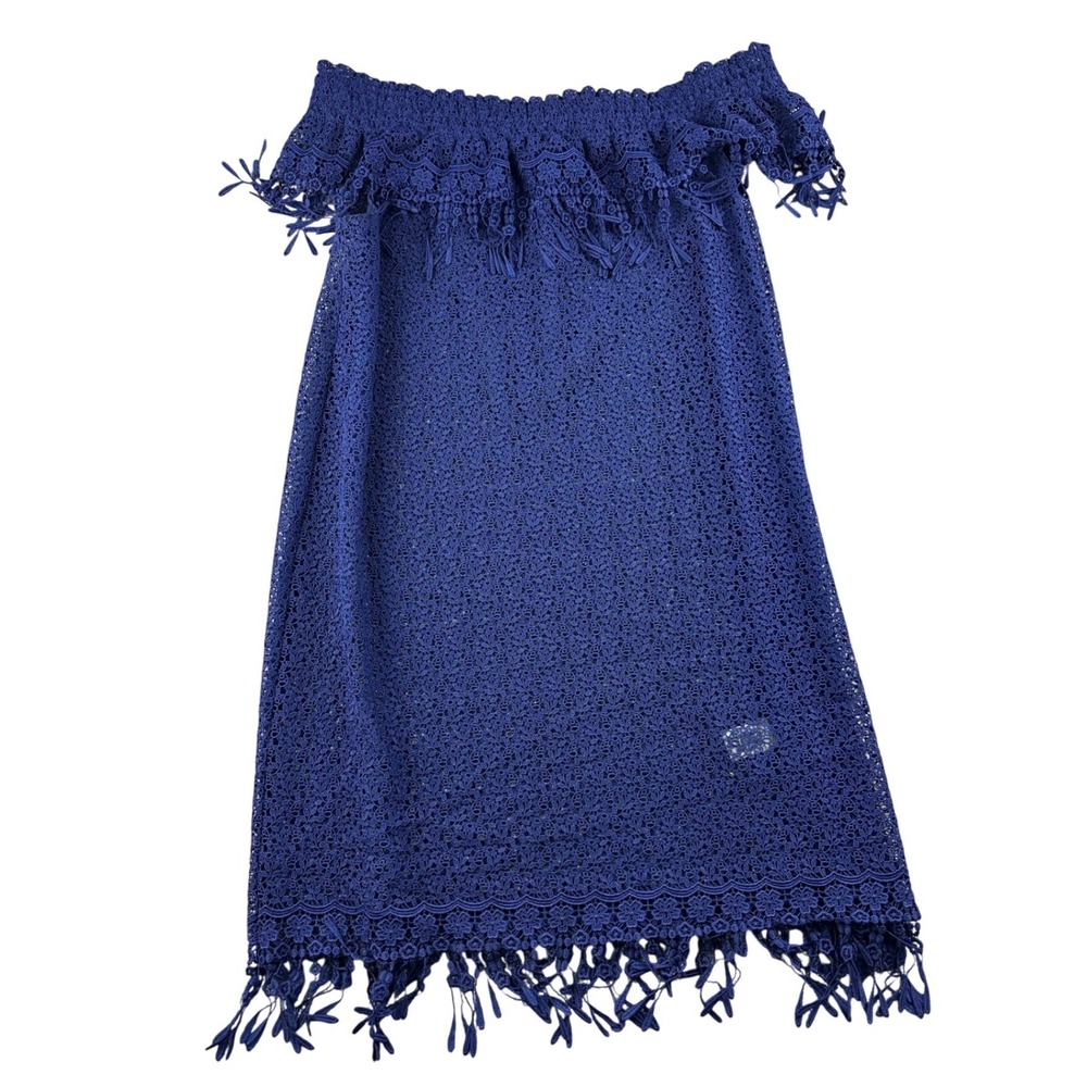 Elie Tahari Off-The-Shoulder Lace Dress Women 14 Blue Geometric Crochet Boho‎